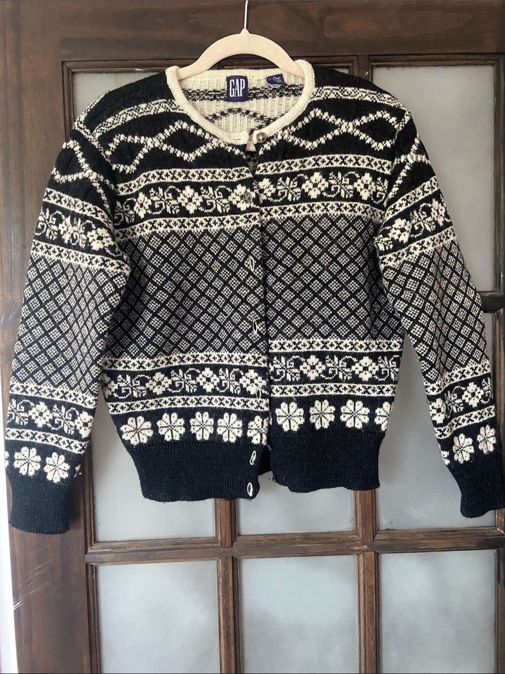 Vintage GAP Black & Cream Fair Isle Knit 100% Wool Cardigan